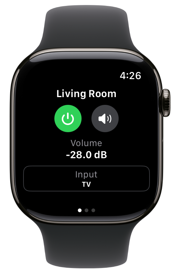 A zone screen showing power, mute, volume, and input